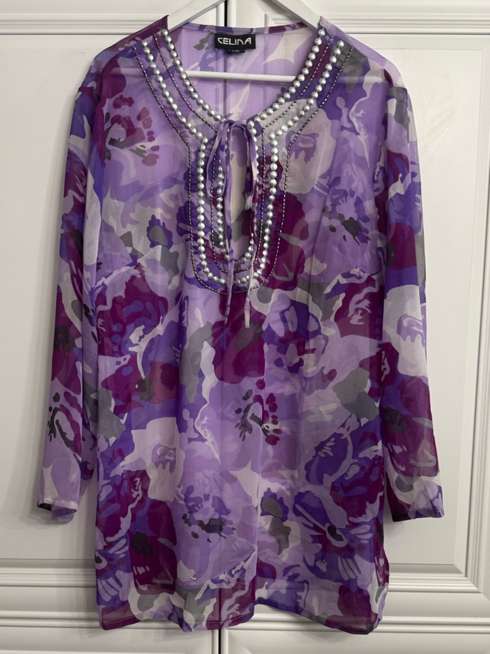 Celina Size L/XL Sheer Chiffon Swim Cover-Up w/Floral Print in Hues of Purple